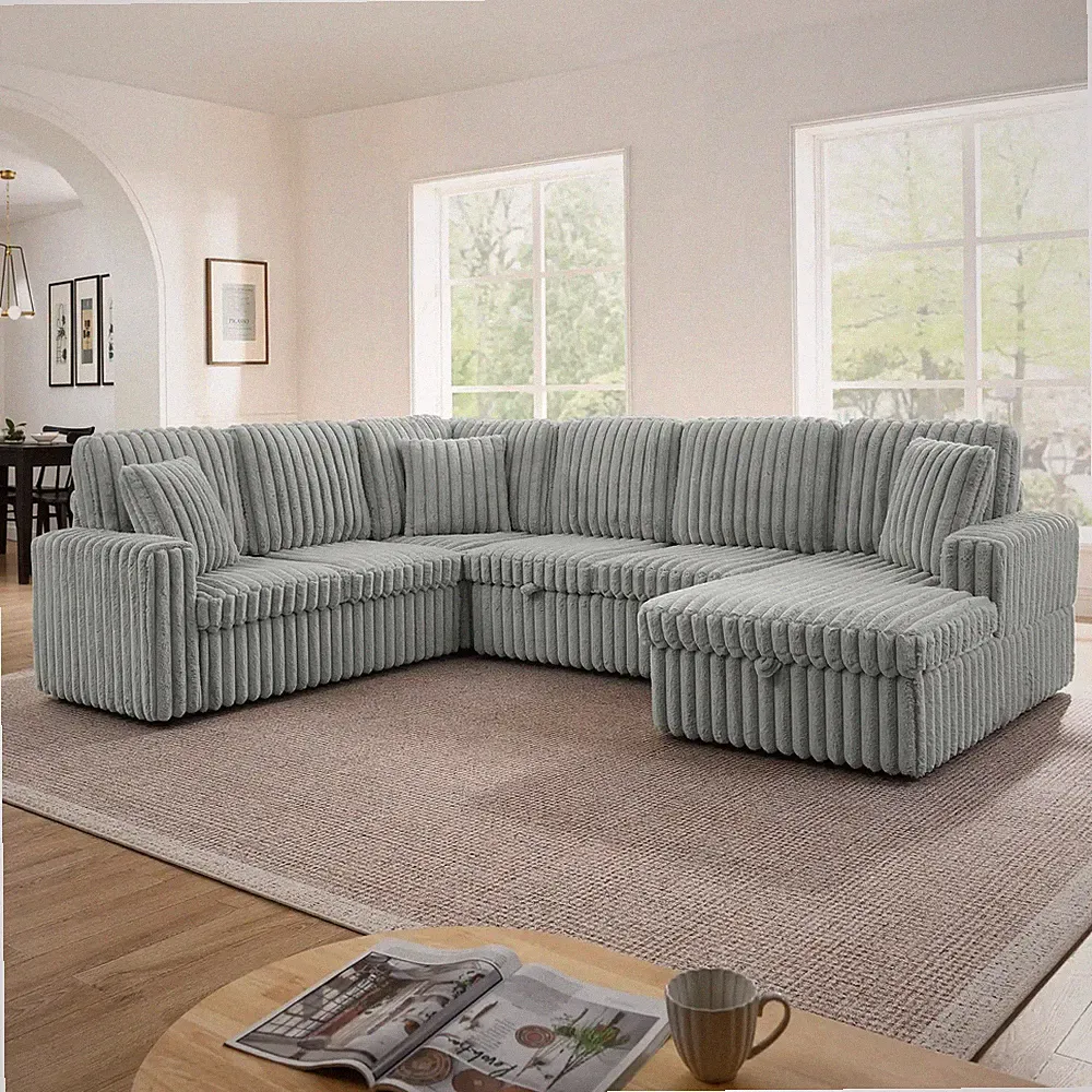 U-Shaped Sectional Sofa Bed with Pull-out Sleeper and Storage Grey