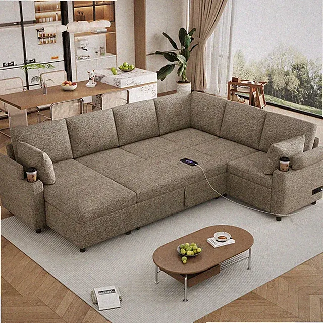 U-Shaped Sectional Sofa Bed with Storage & USB, Brown, 5-Seat for Living Room