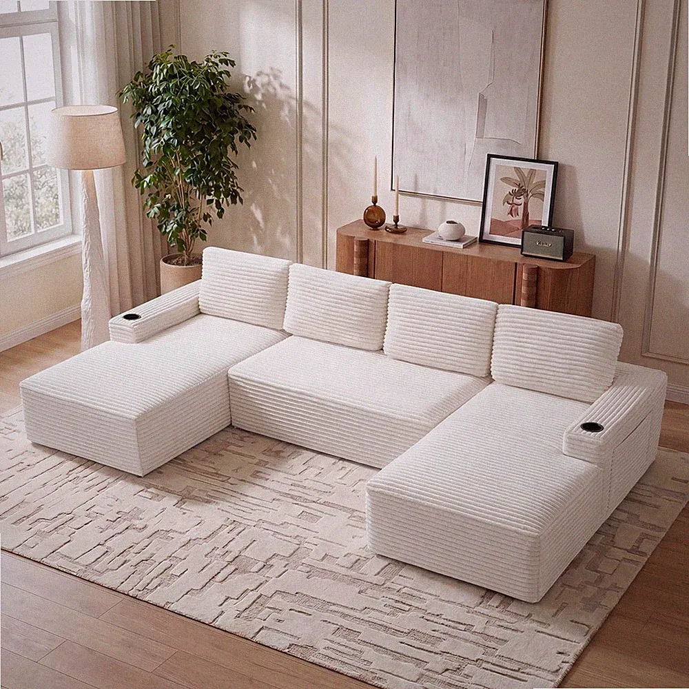 U-Shaped Sectional Sofa Boneless Sofa Couch Chaise 4 Seater Sofa W/Cup Holder