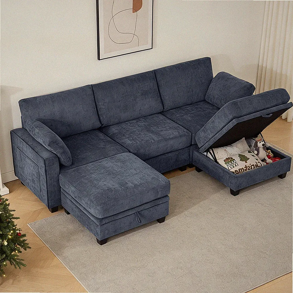 U Shaped Sectional Sofa Cloud Modular Sectional Couch w/Storage Ottomans&Pillows