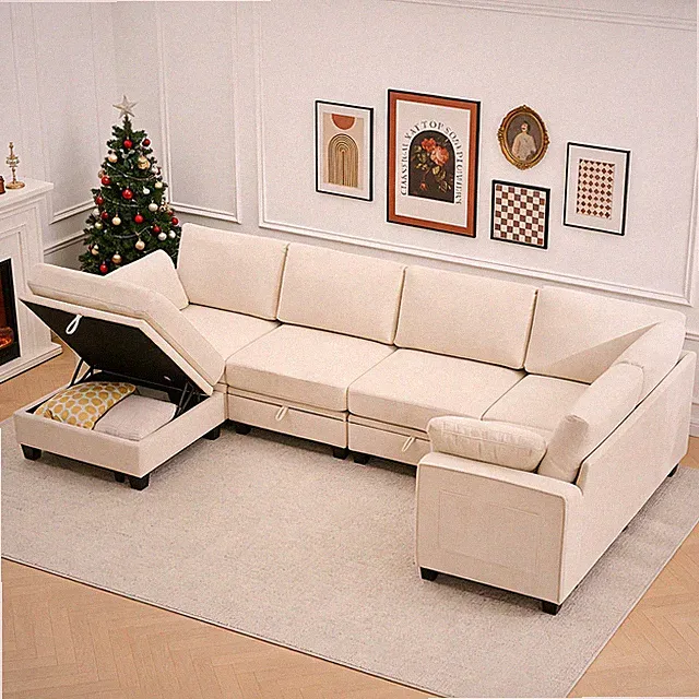 U Shaped Sectional Sofa Cloud Modular Sectional Couch w/Storage Ottomans&Pillows