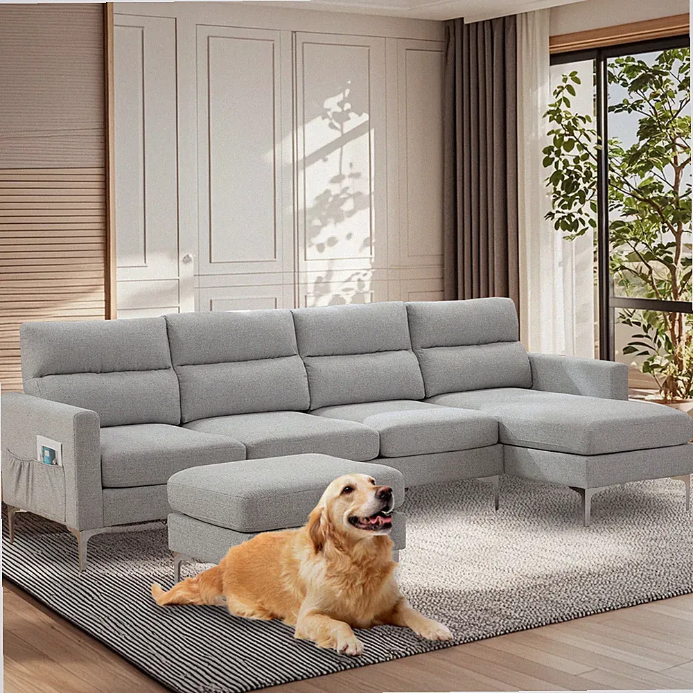 U-Shaped Sectional Sofa Convertible Linen Fabric Couch Sets w/ Reversible Chaise