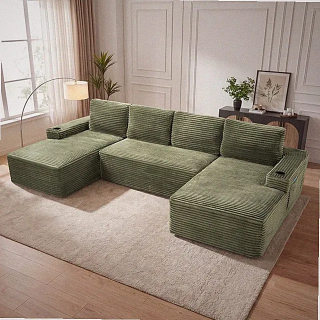 U-Shaped Sectional Sofa, Corduroy Cloud Couch, Modular Deep Seat, No Assembly