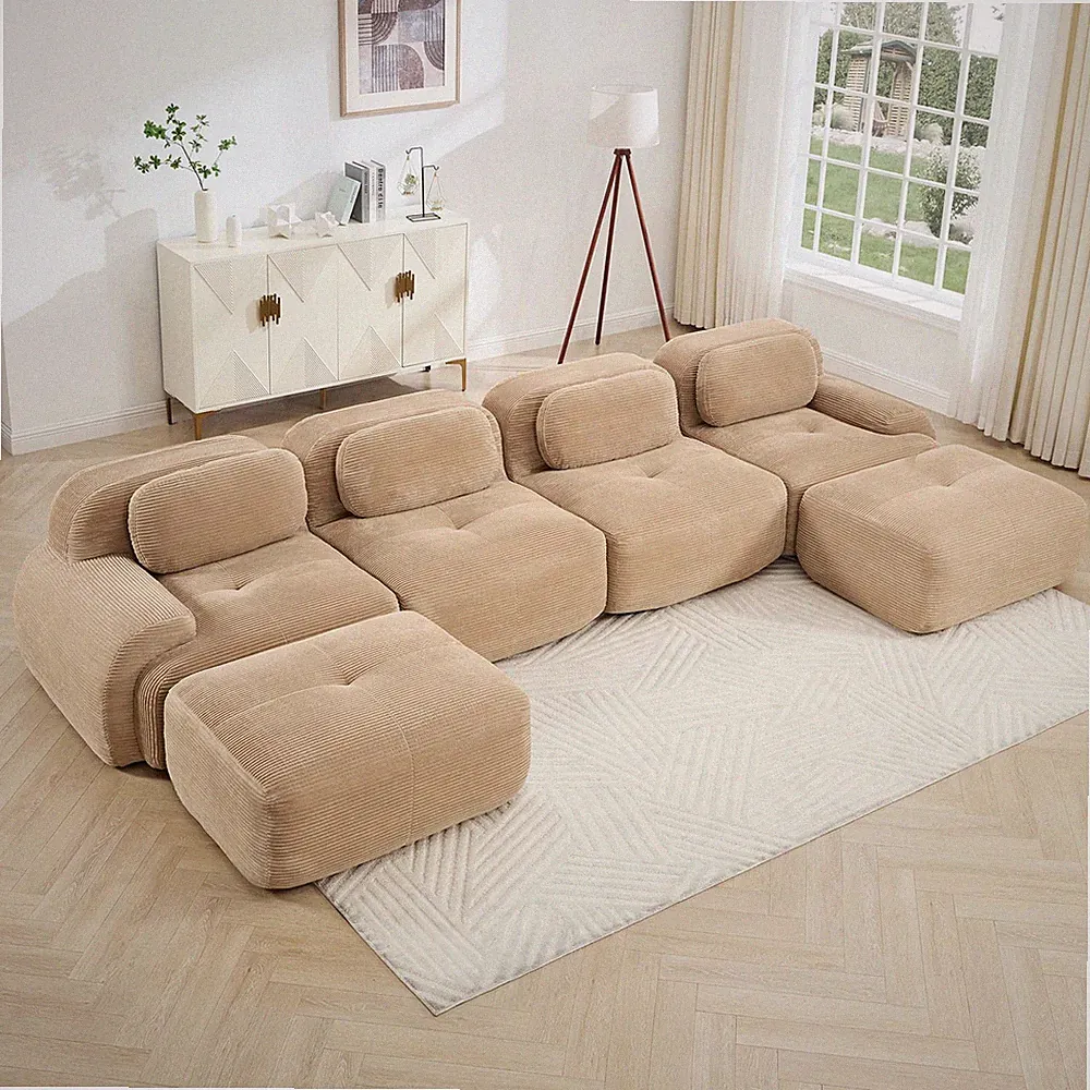 U-Shaped Sectional Sofa, Corduroy Fabric, 32D Foam, No Assembly, Pet-Friendly