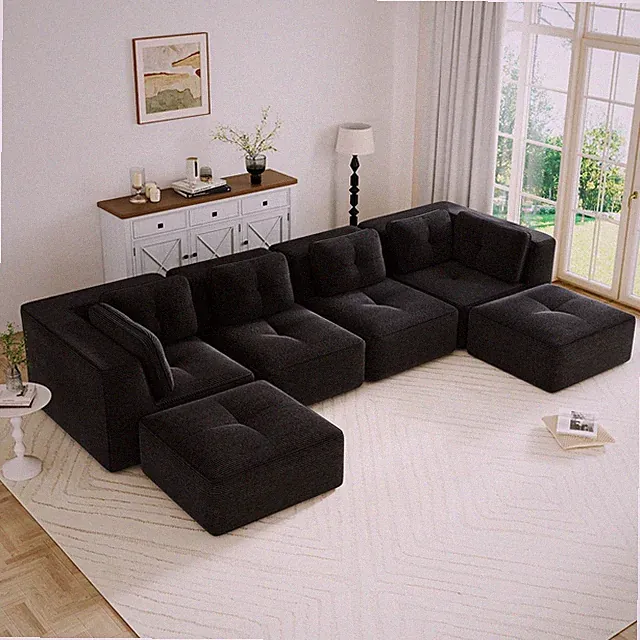 U-Shaped Sectional Sofa, Corduroy Fabric, 4-Seat Couch w/ 2 Ottomans