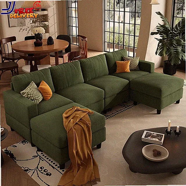 U-Shaped Sectional Sofa Couch with 2 Ottomans Convertible 4 Seat Living Room