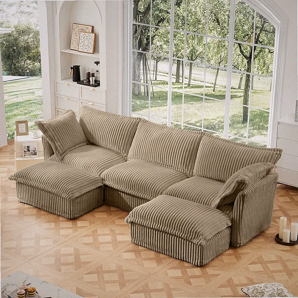 U-Shaped Sectional Sofa Modular Cloud Couch Deep Seats Pillows Camel Corduroy