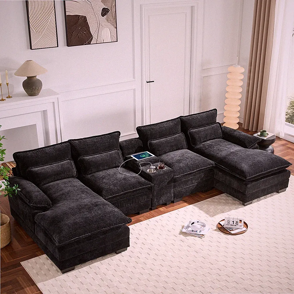 U-shaped Sectional Sofa Modular Couch With Chaise Cup Holders USB Ports Console