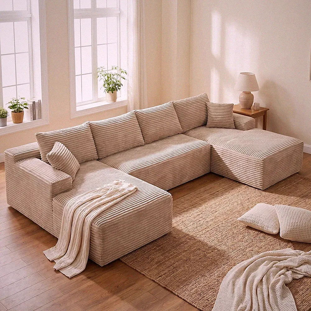 U-Shaped Sectional Sofa Set 132.1" Corduroy Camel 6-Seat