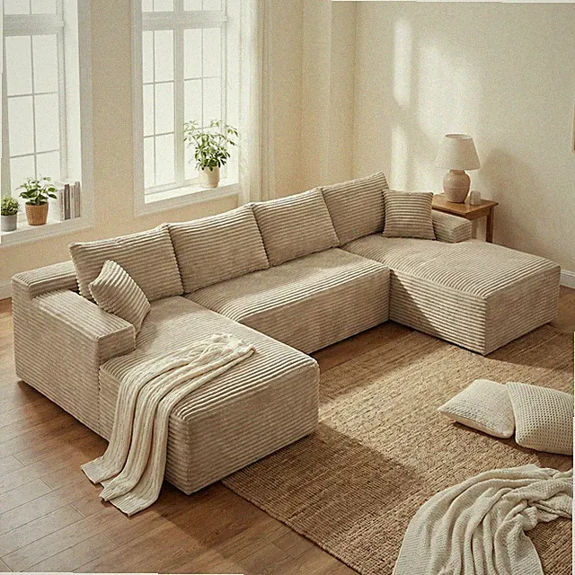 U-Shaped Sectional Sofa Set 132.1" Corduroy Camel 6 Seat