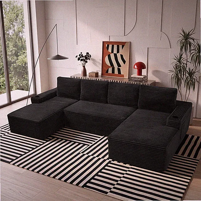 U-Shaped Sectional Sofa Set, Corduroy Cloud Couch, 6-Seat, Black, 133.4" L