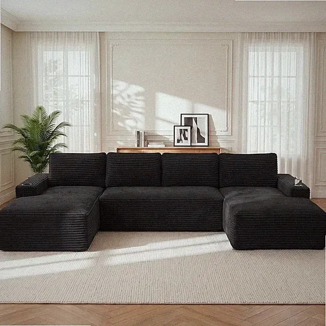 U-Shaped Sectional Sofa Set Corduroy Cloud Couch with Cup Hold for Living Room