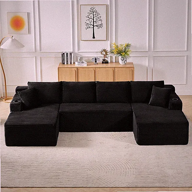 U-Shaped Sectional Sofa Set, Minimalist Style, Chenille Fabric, Black