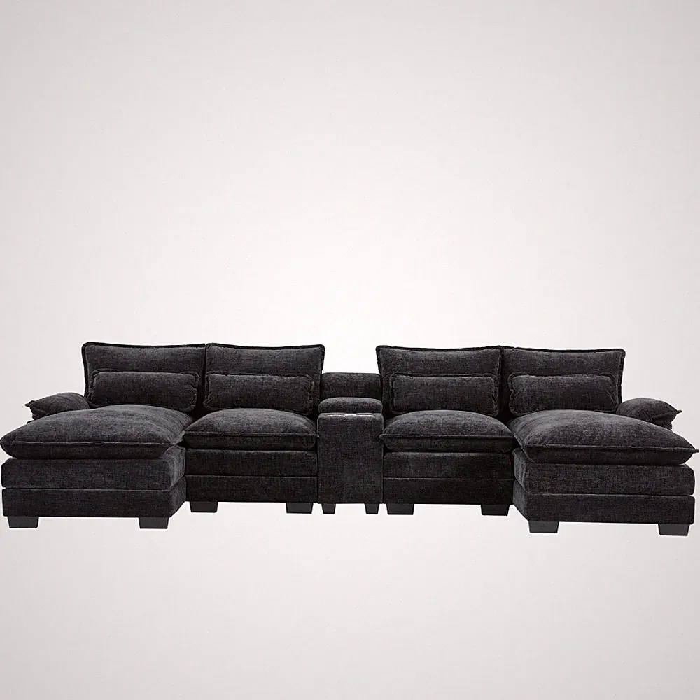 U-Shaped Sectional Sofa w/ Console, Cup Holders & USB Charger - Chenille Couch