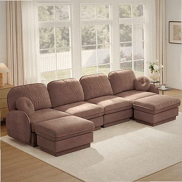 U-Shaped Sectional Sofa w/Ottoman Deep Seat Chenille Rose Dust Color