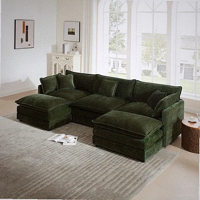 U-Shaped Sectional Sofa w/ Ottomans, Reversible Footrest, Green Chenille