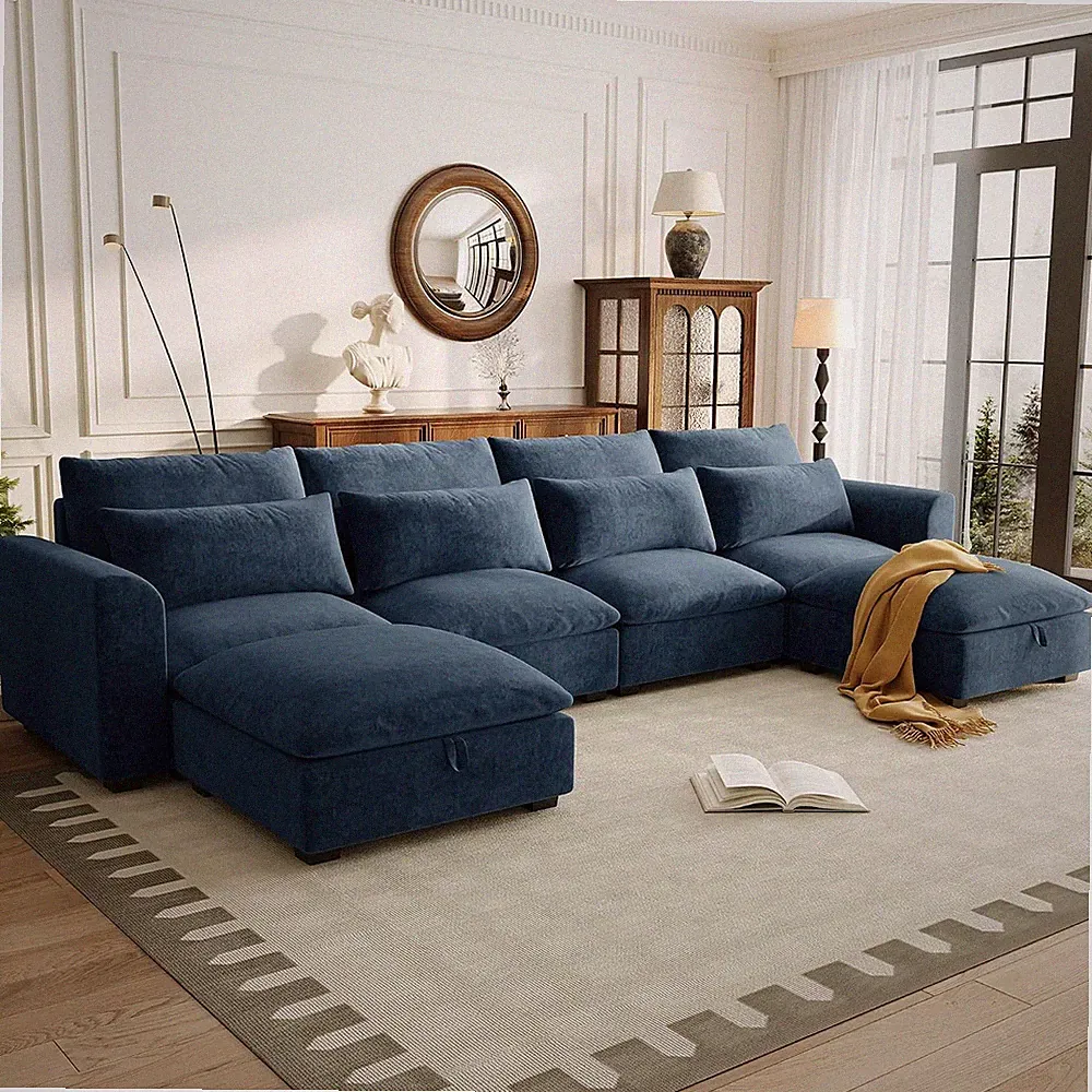 U-Shaped Sectional Sofa with 2 Storage Ottomans, Linen Blend 6 Seat Spacious Com
