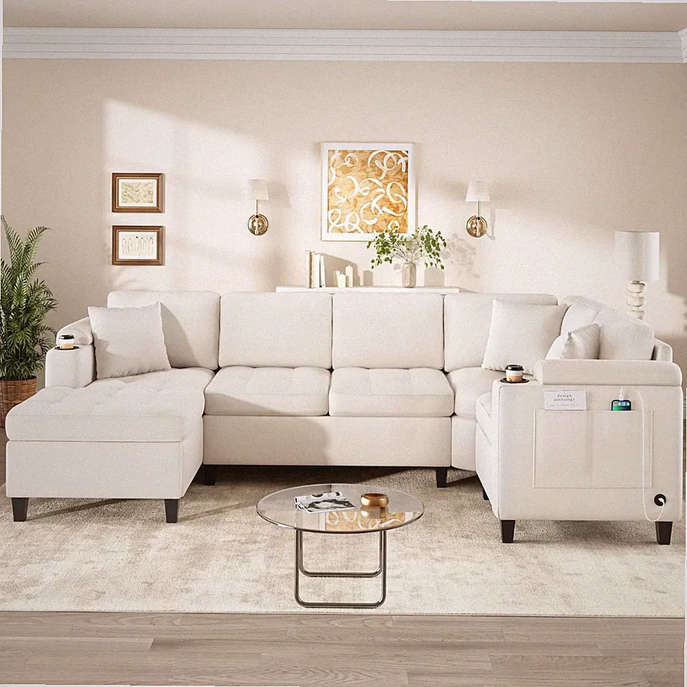 U-Shaped Sectional Sofa with Chaise, Cup Holders & USB Ports, 6-Seater
