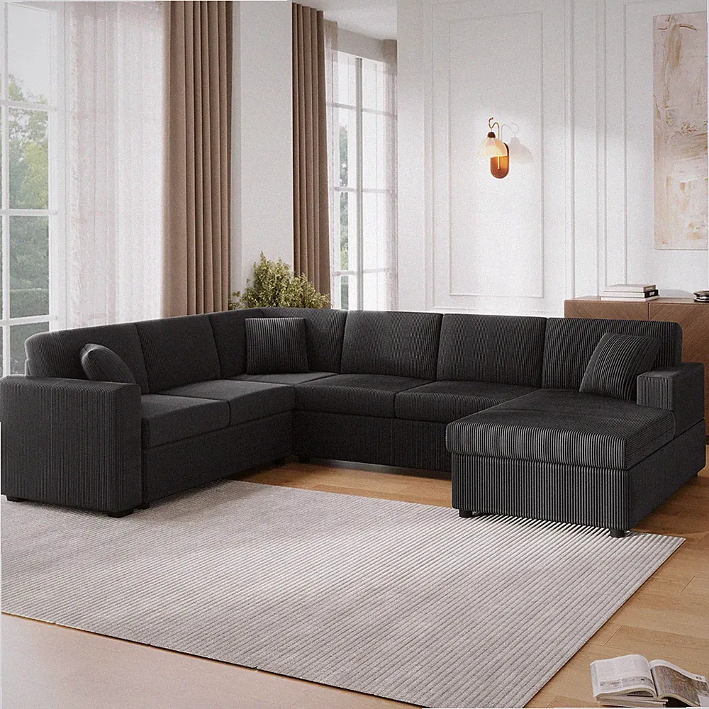 U-Shaped Sectional Sofa with Chaise Lounge 115.3"W Black Corduroy