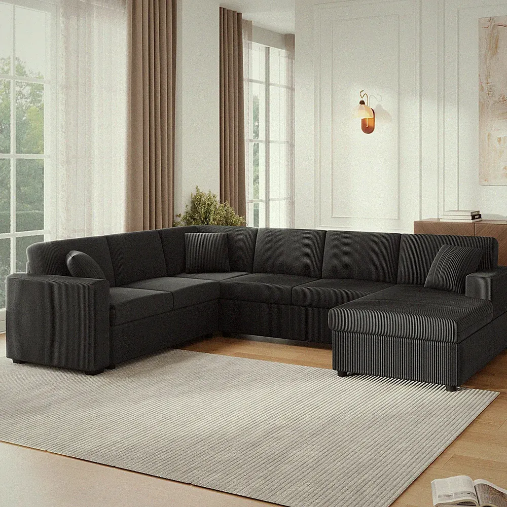 U-Shaped Sectional Sofa with Chaise Lounge 115.3"W Black Corduroy