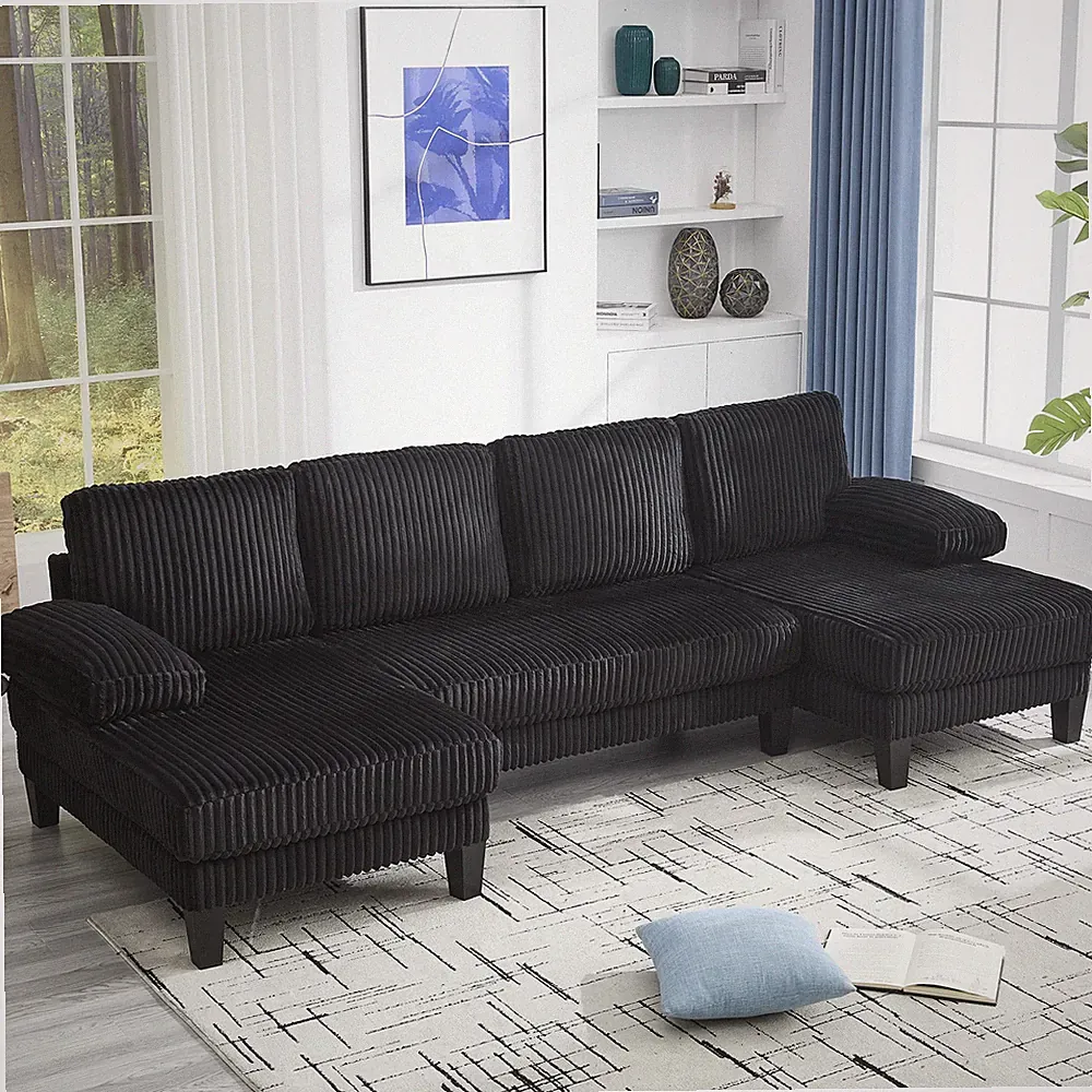 U-Shaped Sectional Sofa with Double Chaise, 4-Seat, Black Velvet