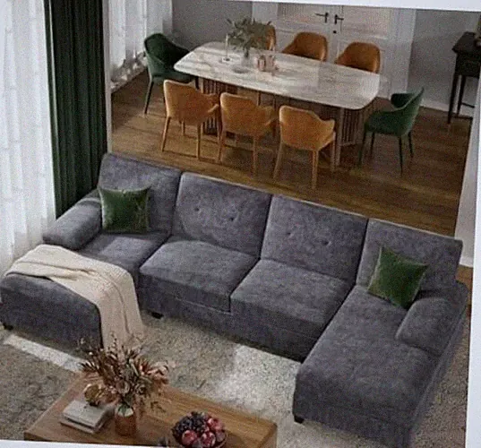 U-Shaped Sectional Sofa with Double Chaise,Linen Fabric 4-Seat Charcoal Grey