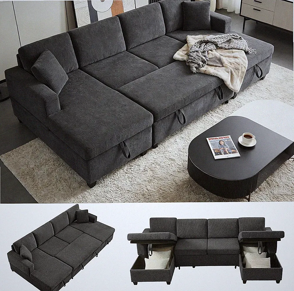 U-Shaped Sectional Sofa with Pull Out Bed & Storages, Dark Grey