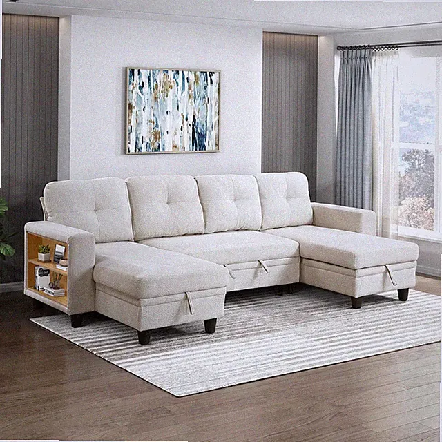 U-Shaped Sectional Sofa with Pull-Out Bed & USB Ports, Beige Upholstery