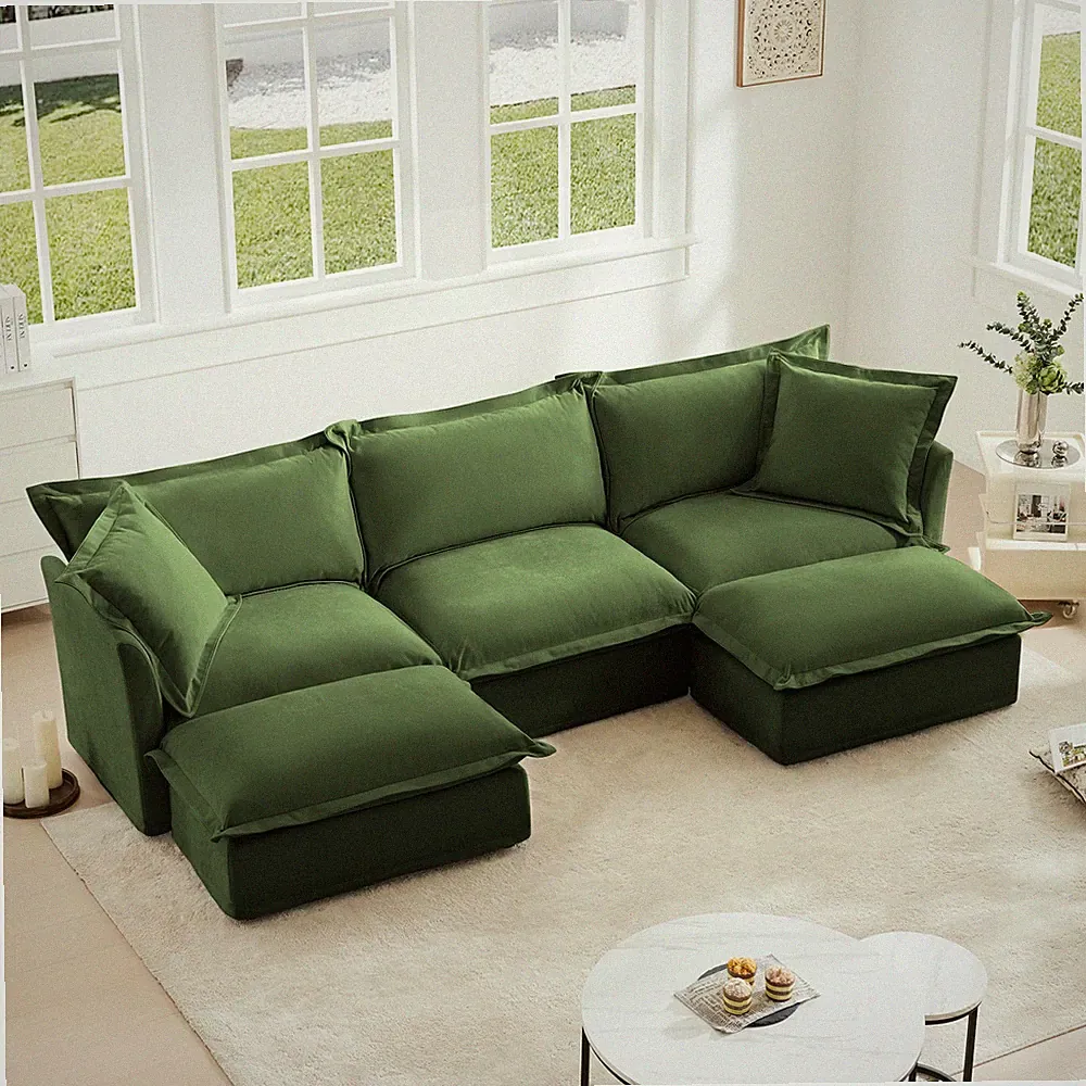 U-Shaped Sectional Sofa with Removable Chenille Cover & 3 Seats, Green