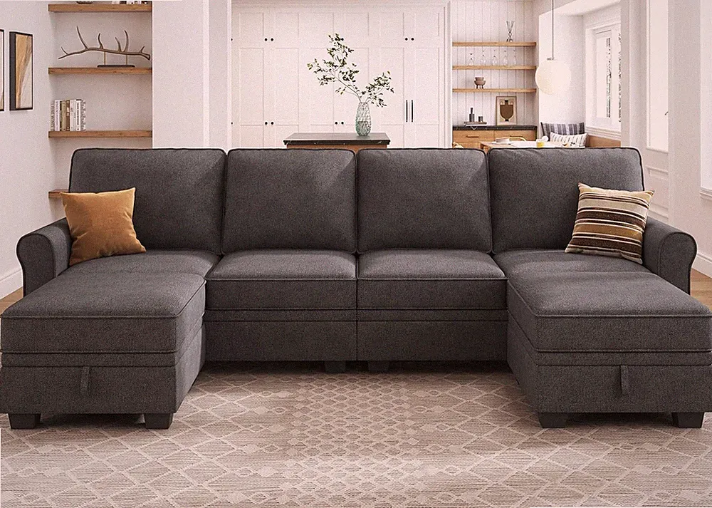U-Shaped Sectional Sofa with Storage and Reversible Chaise, Dark Grey