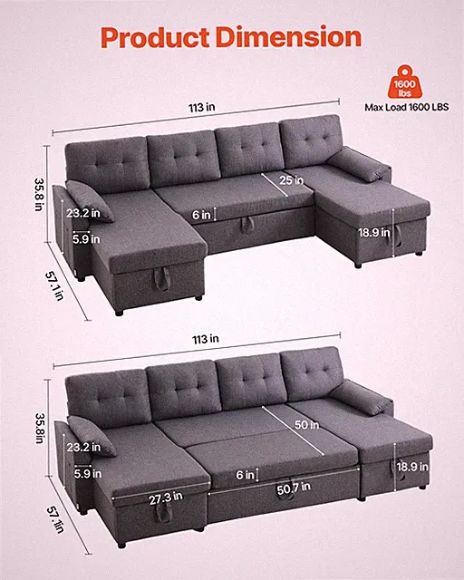 U Shaped Sofa Bed, Convertible Sofa Bed with 2 Side Pockets, Gray