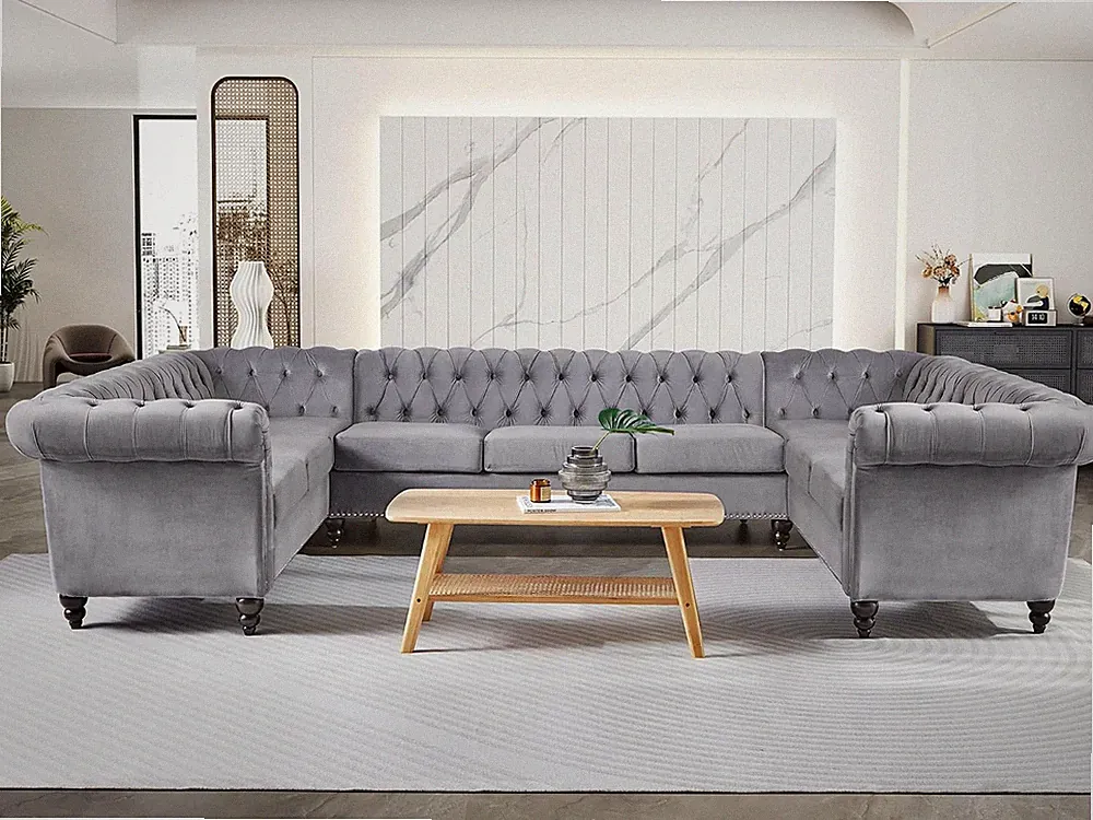 U-Shaped Sofa, Sectional Chesterfield Velvet Couch 9-Seater Upholstered Large Ac