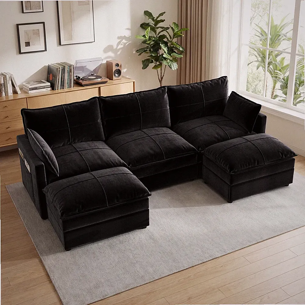 U Shaped Sofa with Removable Washable Covers, Deep Seat Cloud Couch for Bedroom