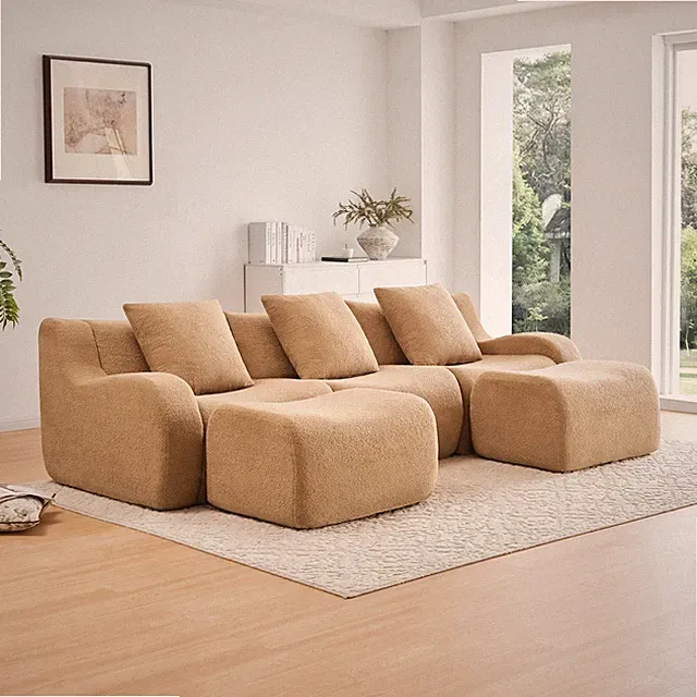 U-shaped Soft Teddy Fabric Boneless Sofa,Assembly Chaise,No Assembly Required Cu