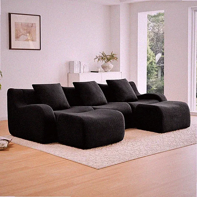 U-Shaped Teddy Fabric Sofa w/ Chaise, No Assembly, Anti-Slip Black