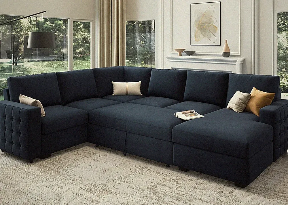 U-Shaped Velvet Dark Blue Sectional Sleeper Sofa with Storage Chaise, 6 Seater