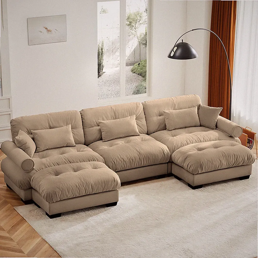 U-Shaped Velvet Modular Sectional Sofa Ottoman Pillows 3-Seater Camel