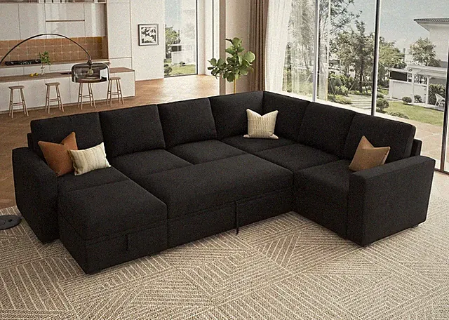 U-Shaped Velvet Sectional Sleeper Couch with Storage - Black