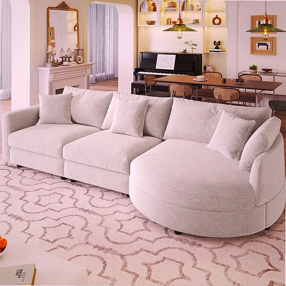 U_Style 107" Chenille Fabric 3-Piece Sectional Sofa w/Curved Chaise and 3 Throw