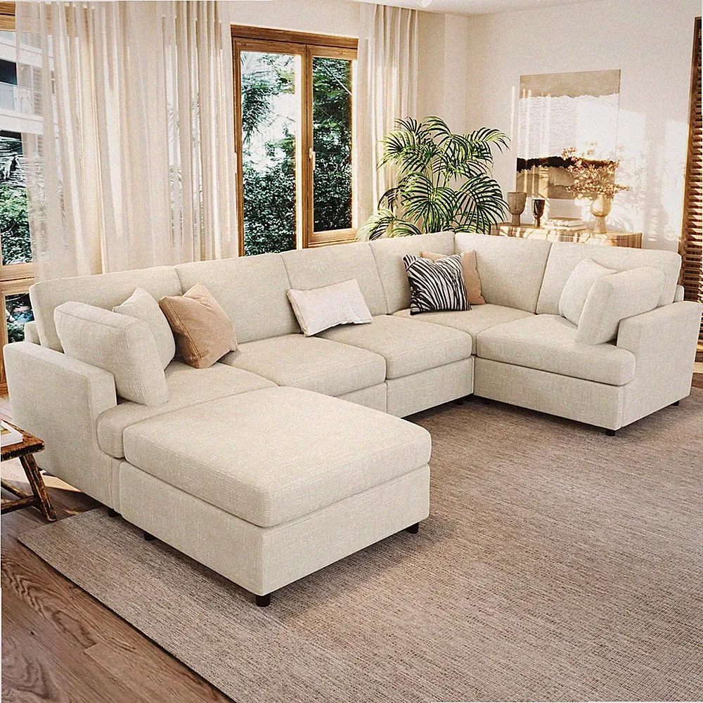U-style 127" U-Shaped Sectional Sofa with Movable Ottoman, 6-Piece Chenille Fa