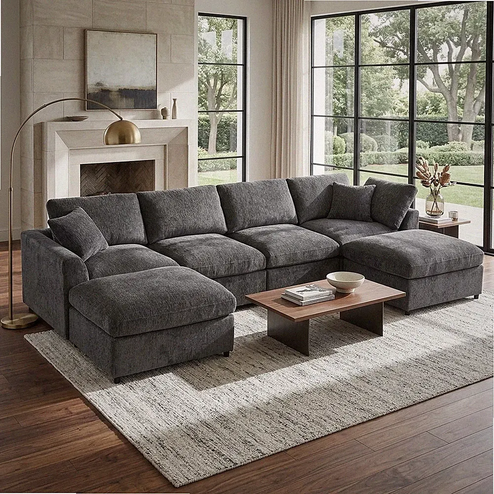 U-Style 130.3" 6-Seater Modular Sectional Sofa, Chenille Upholstered Couch wit