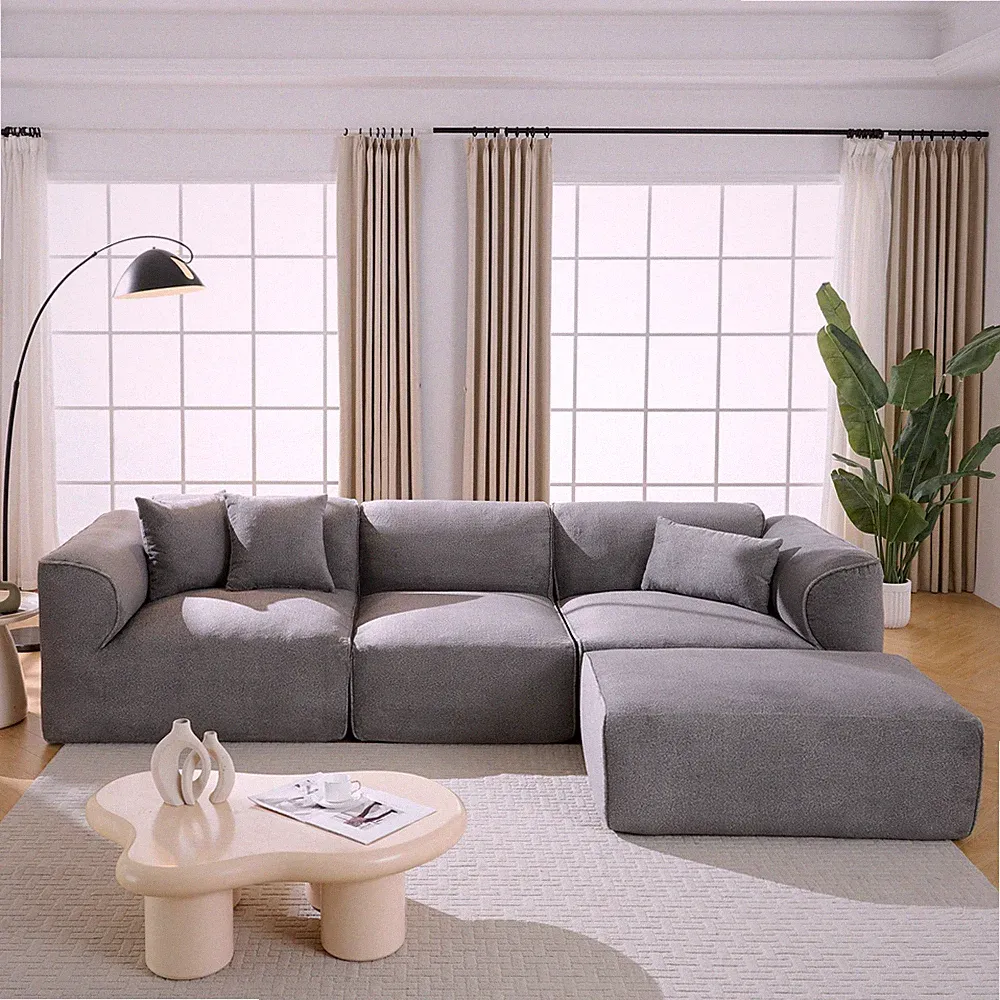 U-Style 4-Seater Sectional Sofa with Ottoman & Pillows, Gray Velvet