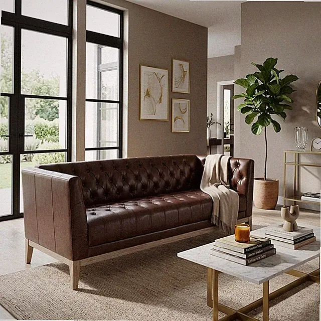 U-Style 79.1" 3 Seater Faux Leather Sofa,Mid Century Modern Chesterfield Couch