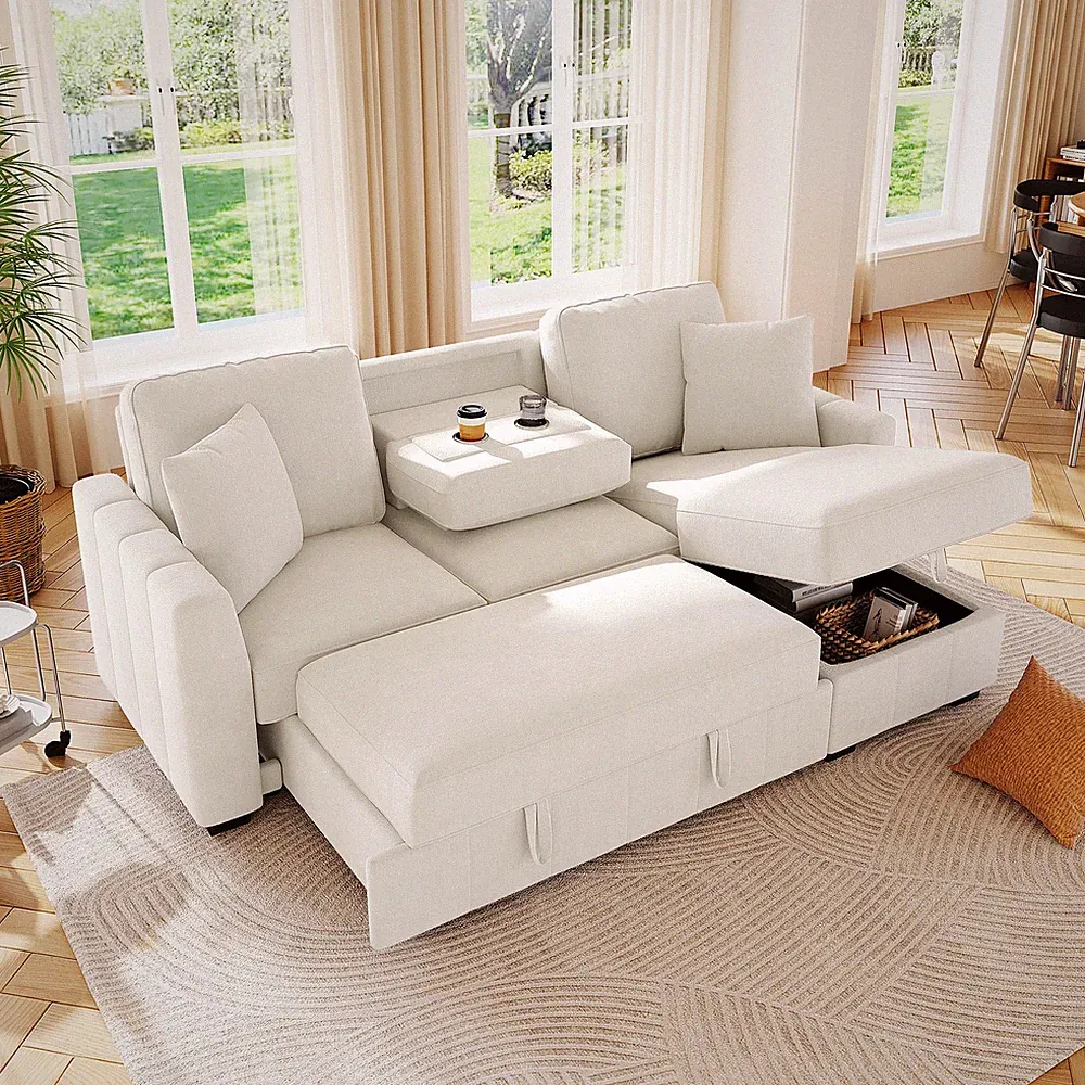 U_Style 90" L-Shaped Sectional Sleeper Sofa with Reversible Storage Chaise, Dr