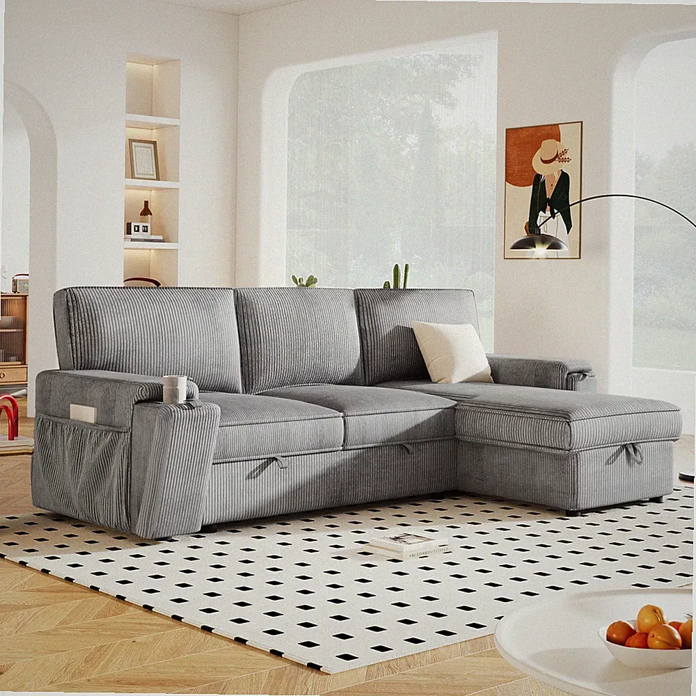 U_STYLE Upholstery Sleeper Sectional Sofa with Storage Bags and 2 cup holders o