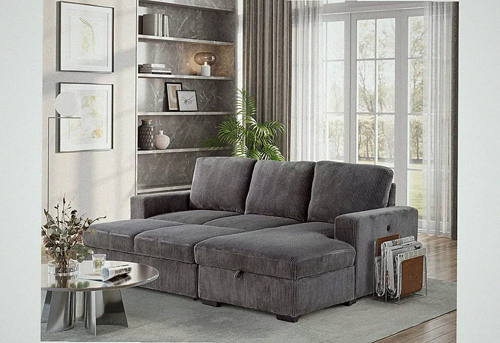 U2660 - L Shape Sectional With Pull Out Sofa Bed - Gray