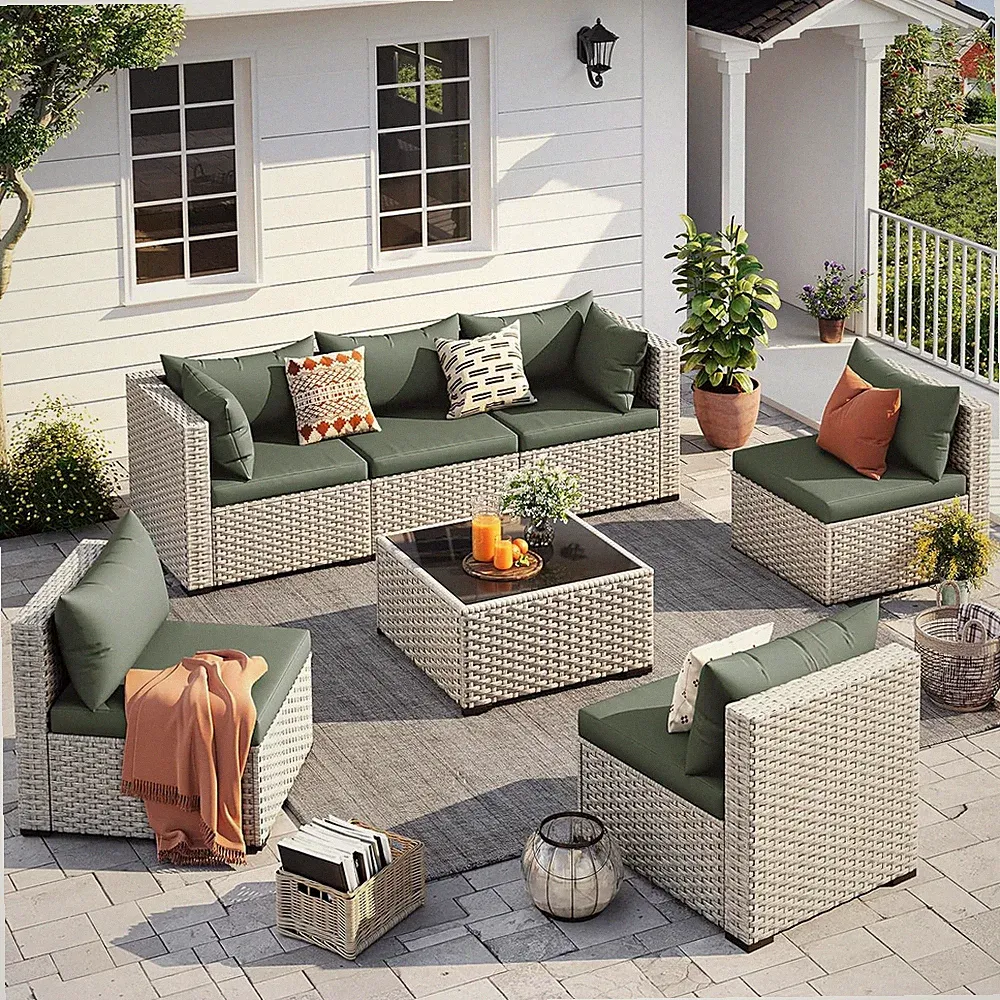 UDPATIO Outdoor Patio Furniture Set 7 Pcs Wicker Sectional Sofa Green