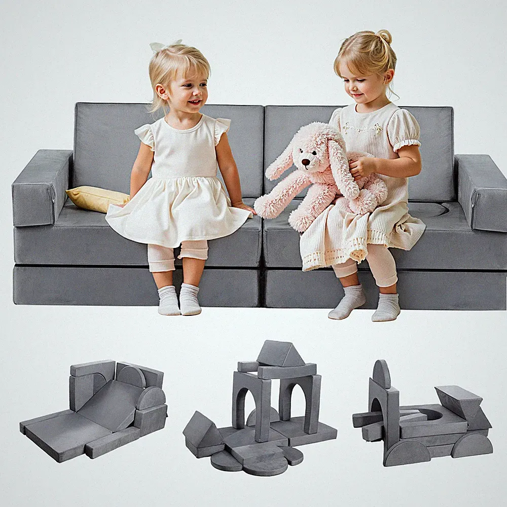 Uimoso 14pcs Modular Kids Play Couch Sectional Toddler Sofa with Armrests Gray