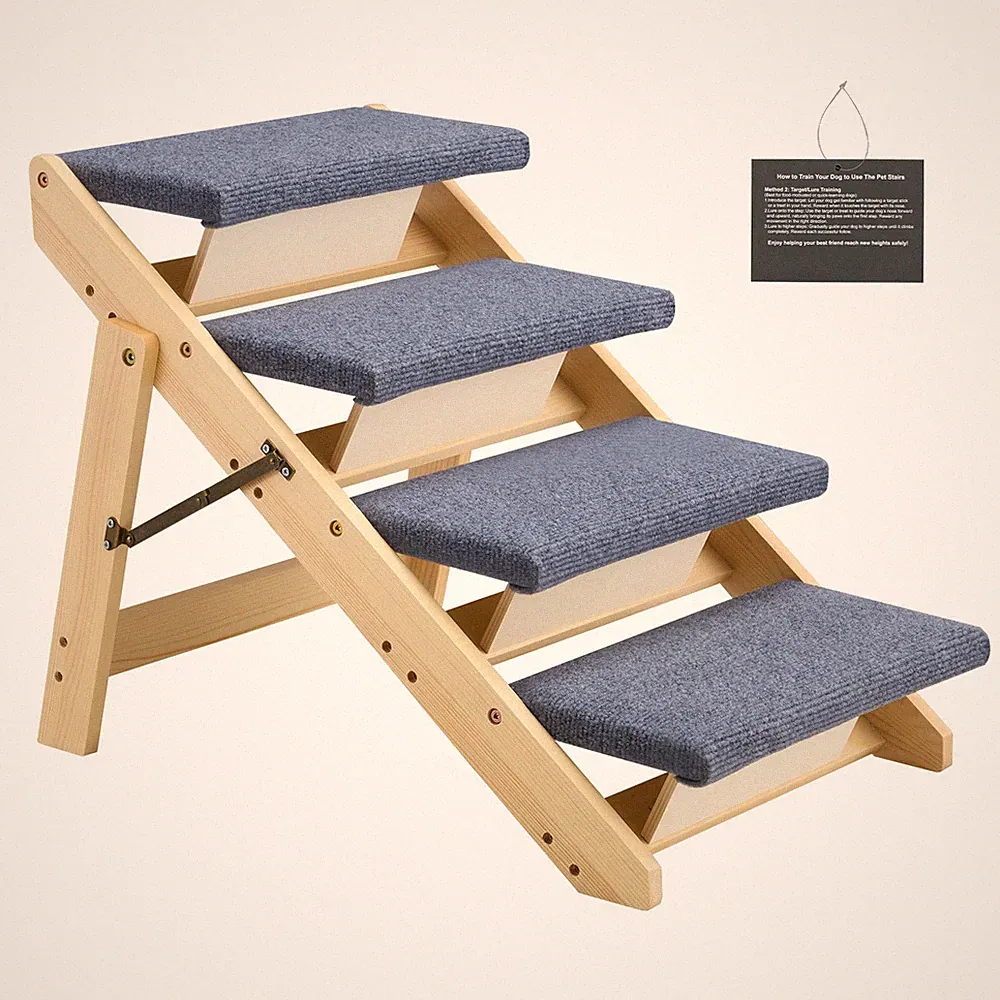 Uimoso 4-Step Wooden Pet Stairs for Dogs up to 150 lb, Ideal for Bed or Sofa