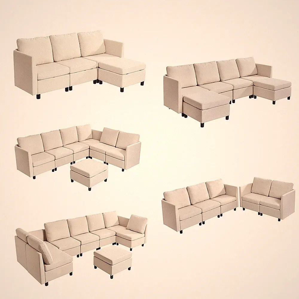 Uimoso Modular Sectional Sofa with Ottoman, Beige, Available in Multiple Sizes